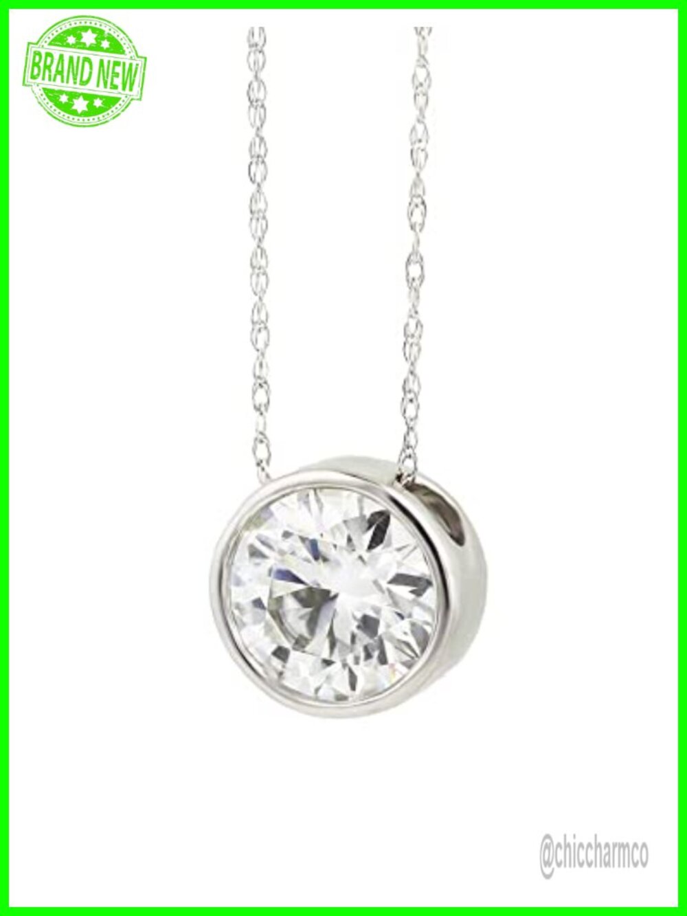 14k Gold Bezel Set Moissanite Pendant Necklace 18" Rope Chain